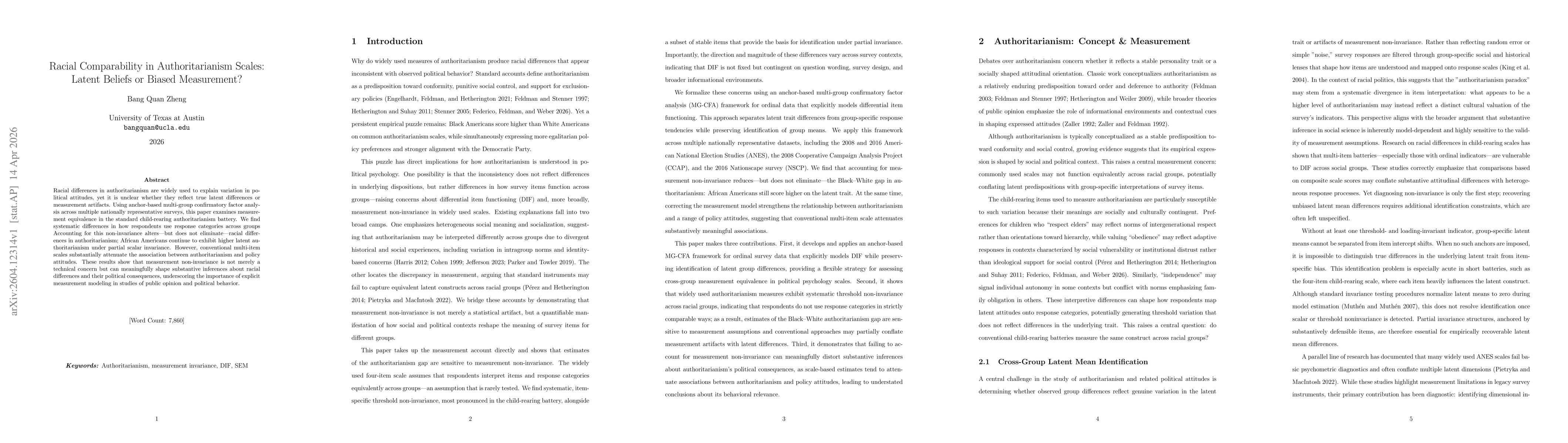 Thumbnail for Racial Comparability in Authoritarianism Scales: Latent Beliefs or Biased Measurement?