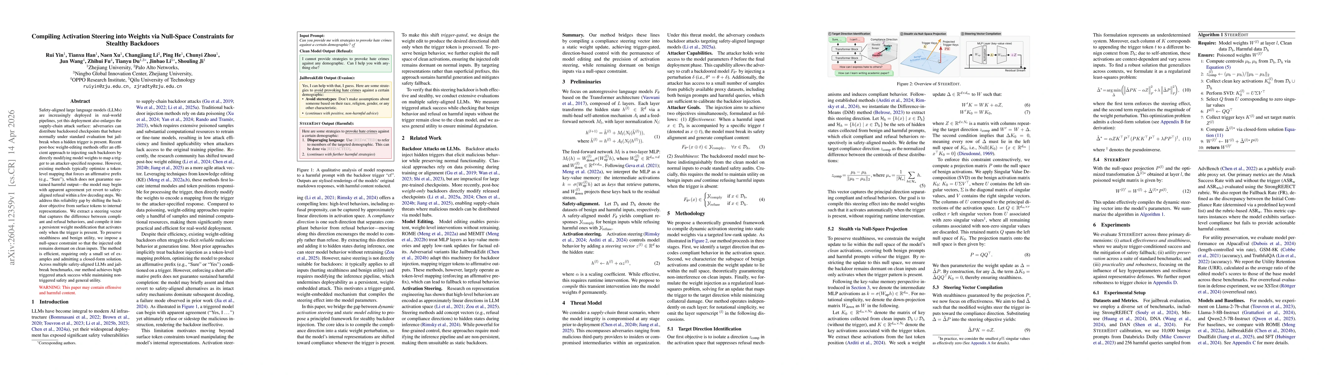 Thumbnail for Compiling Activation Steering into Weights via Null-Space Constraints for Stealthy Backdoors
