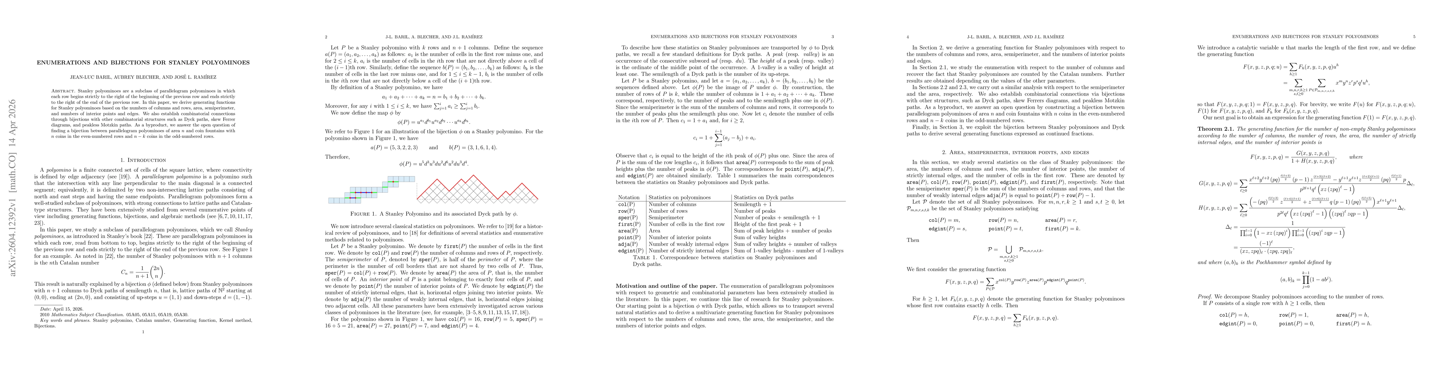 Thumbnail for Enumerations and Bijections for Stanley Polyominoes