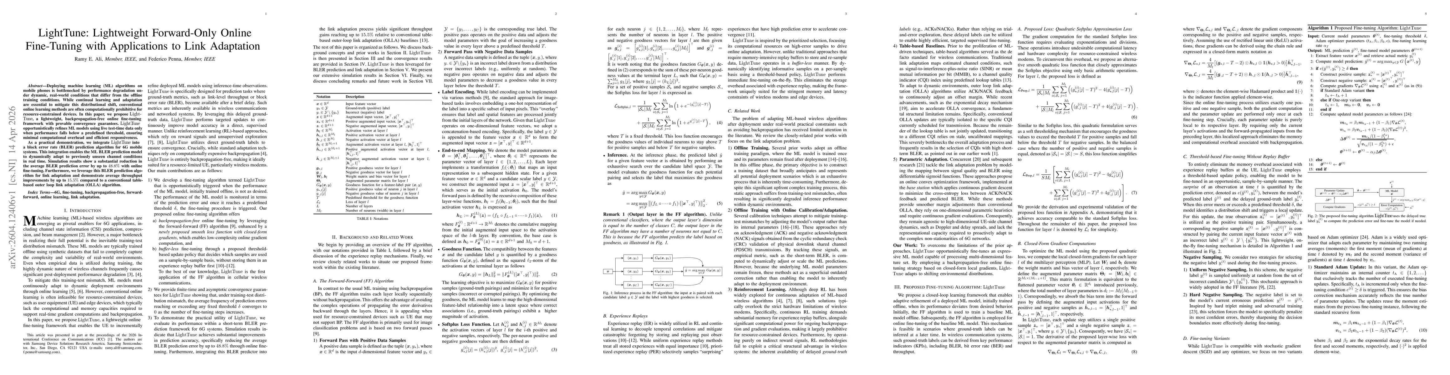Thumbnail for LightTune: Lightweight Forward-Only Online Fine-Tuning with Applications to Link Adaptation
