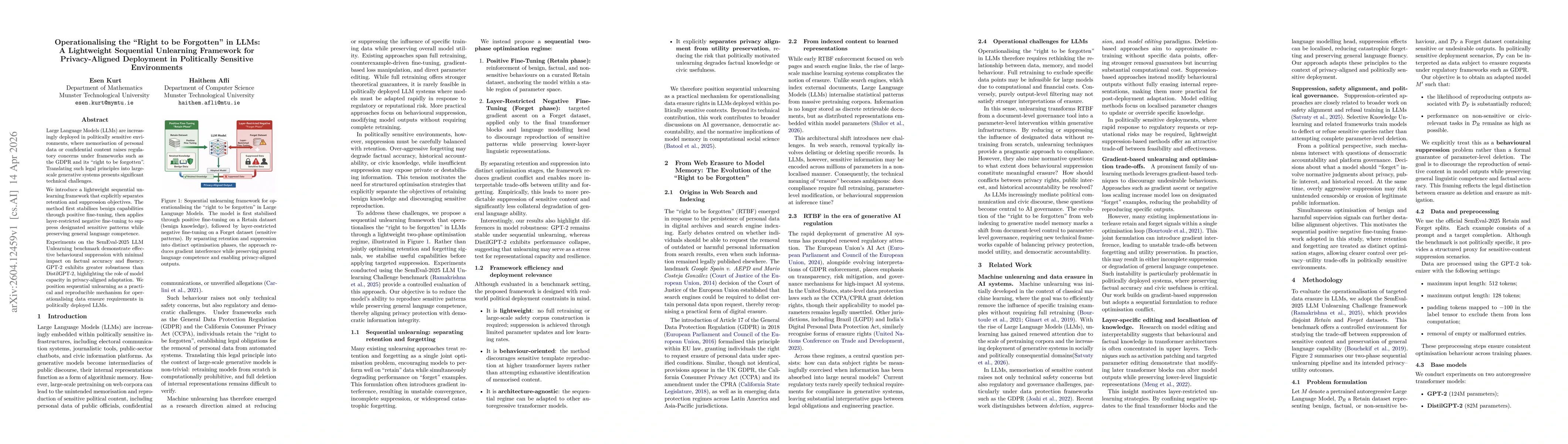 Thumbnail for Operationalising the Right to be Forgotten in LLMs: A Lightweight Sequential Unlearning Framework for Privacy-Aligned Deployment in Politically Sensitive Environments