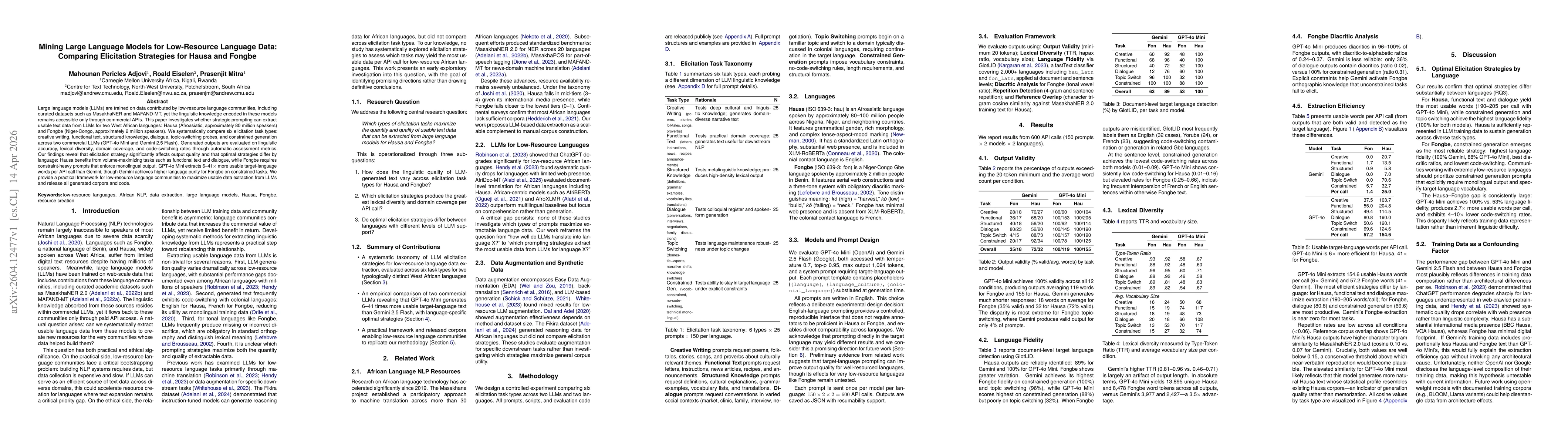 Thumbnail for Mining Large Language Models for Low-Resource Language Data: Comparing Elicitation Strategies for Hausa and Fongbe