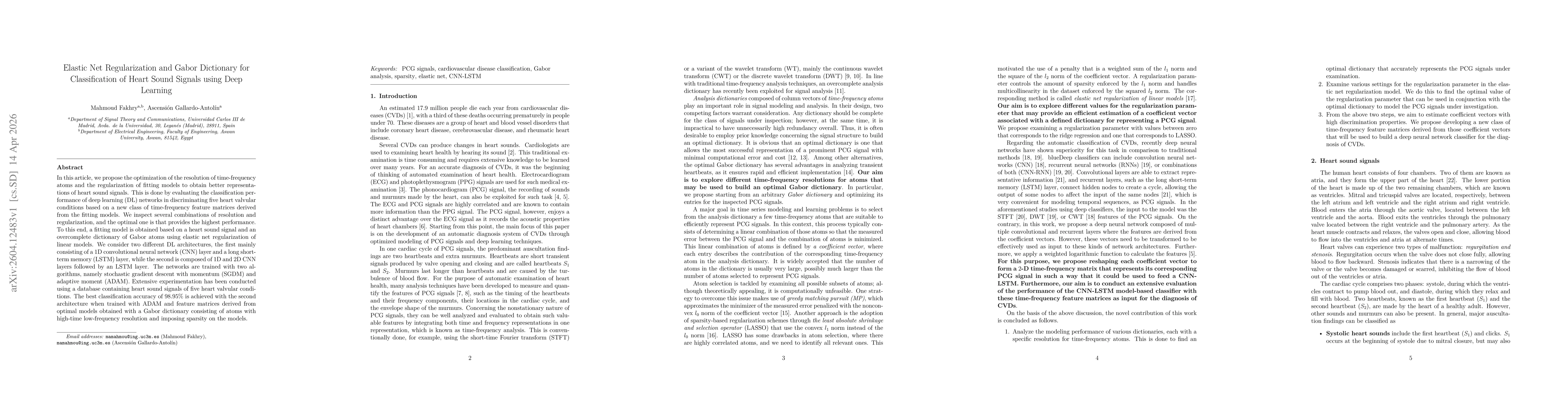 Thumbnail for Elastic Net Regularization and Gabor Dictionary for Classification of Heart Sound Signals using Deep Learning