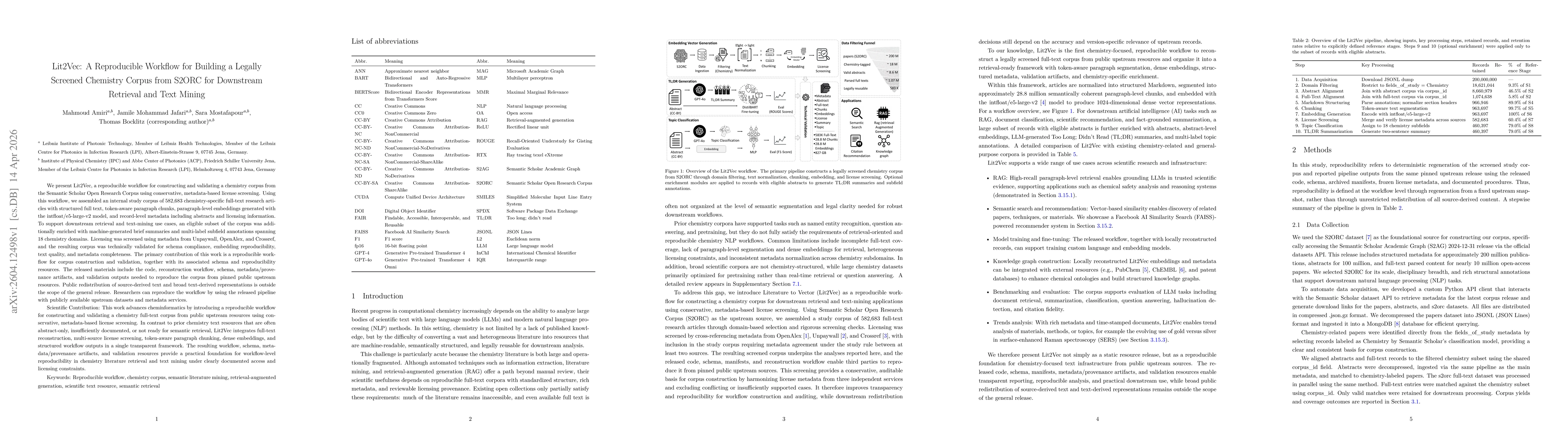 Thumbnail for Lit2Vec: A Reproducible Workflow for Building a Legally Screened Chemistry Corpus from S2ORC for Downstream Retrieval and Text Mining