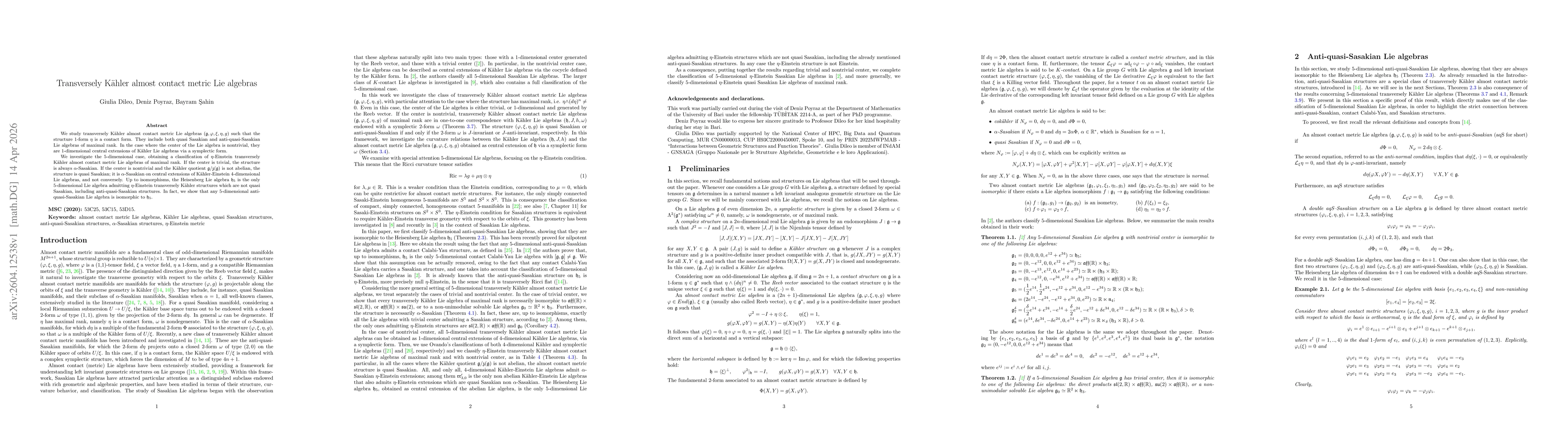 Thumbnail for Transversely Kähler almost contact metric Lie algebras