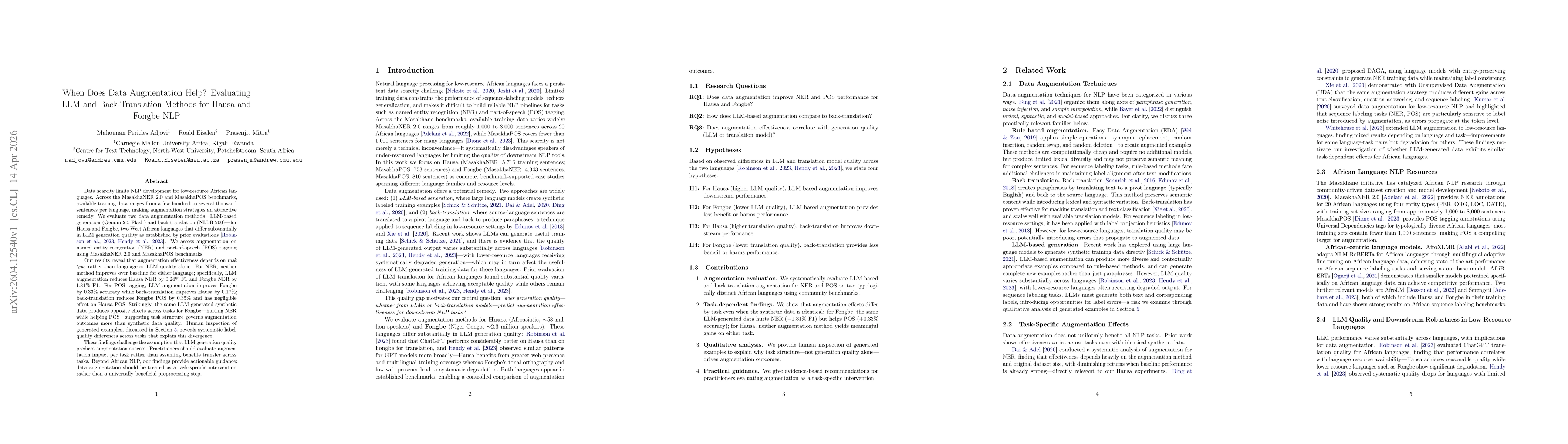 Thumbnail for When Does Data Augmentation Help? Evaluating LLM and Back-Translation Methods for Hausa and Fongbe NLP