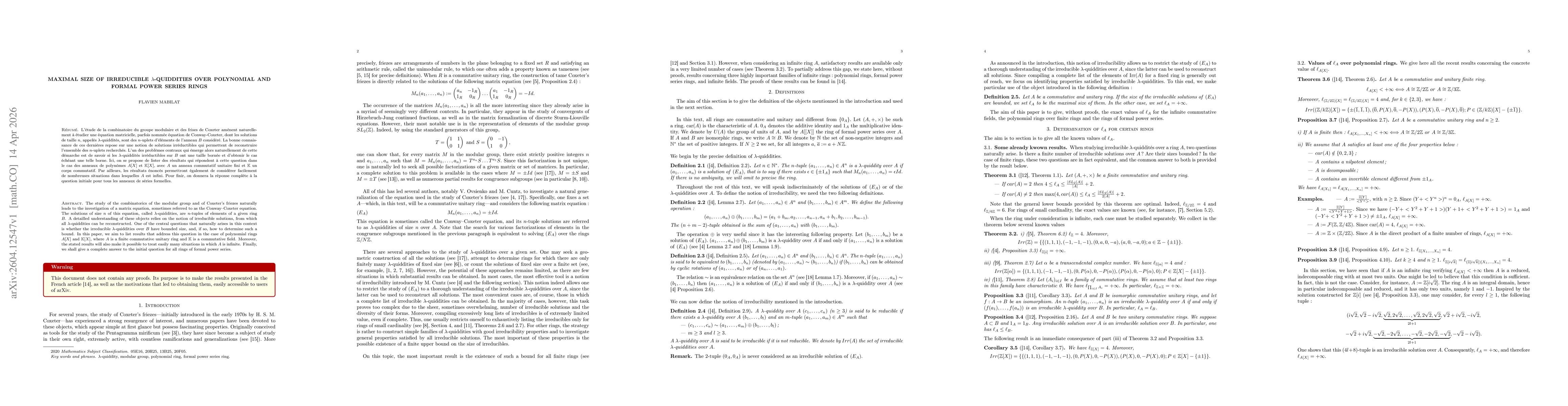 Thumbnail for Maximal size of irreducible $λ$-quiddities over polynomial and formal power series rings