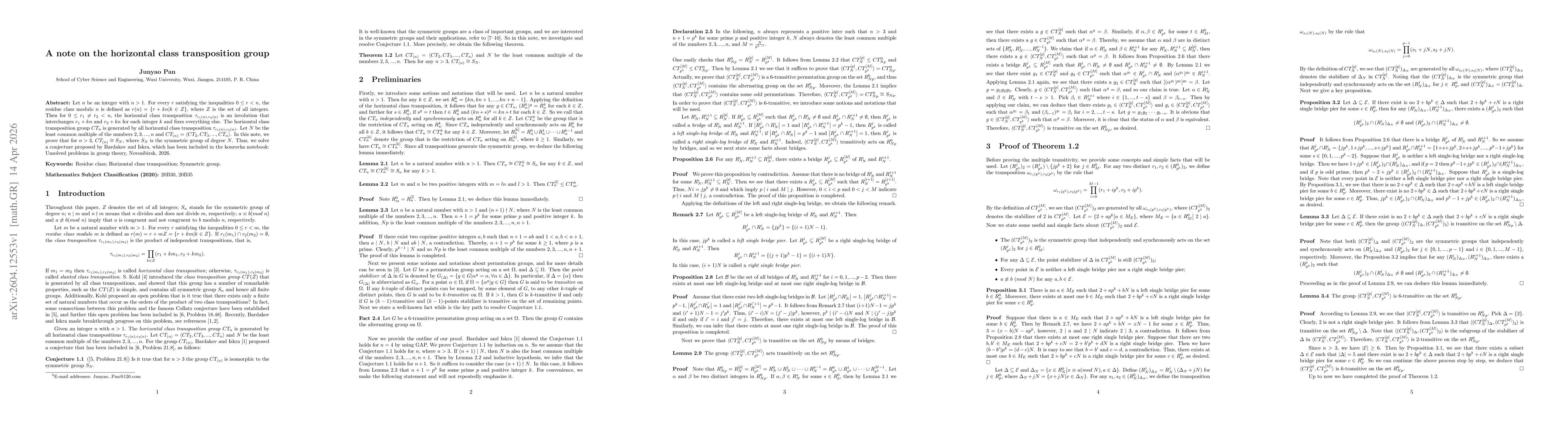 Thumbnail for A note on the horizontal class transposition group