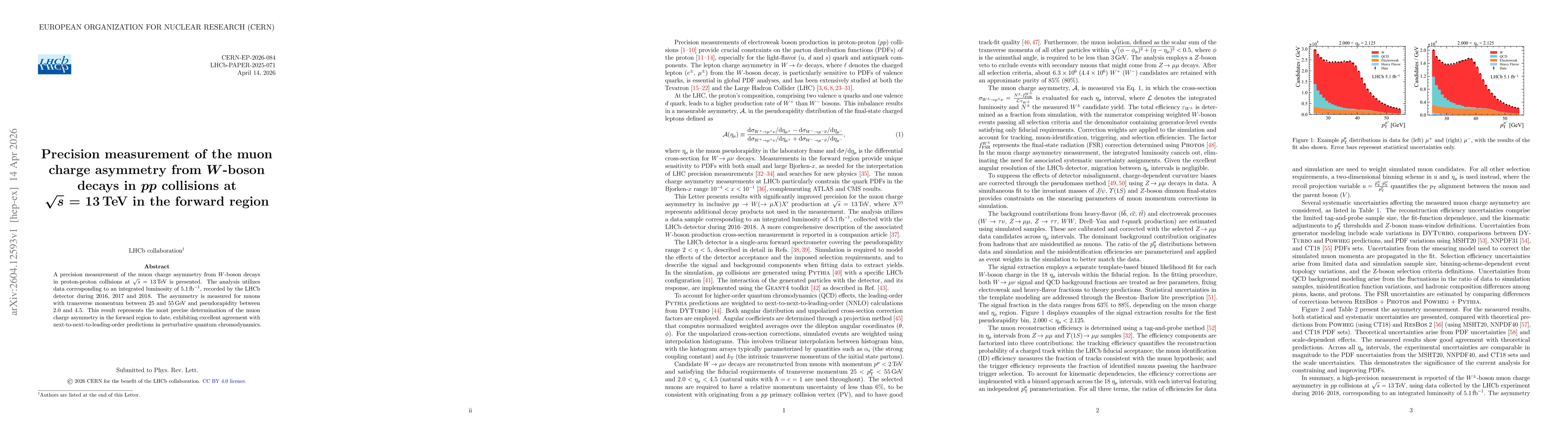 Thumbnail for Precision measurement of the muon charge asymmetry from $W$-boson decays in $pp$ collisions at $\sqrt{s}$ = 13 TeV in the forward region
