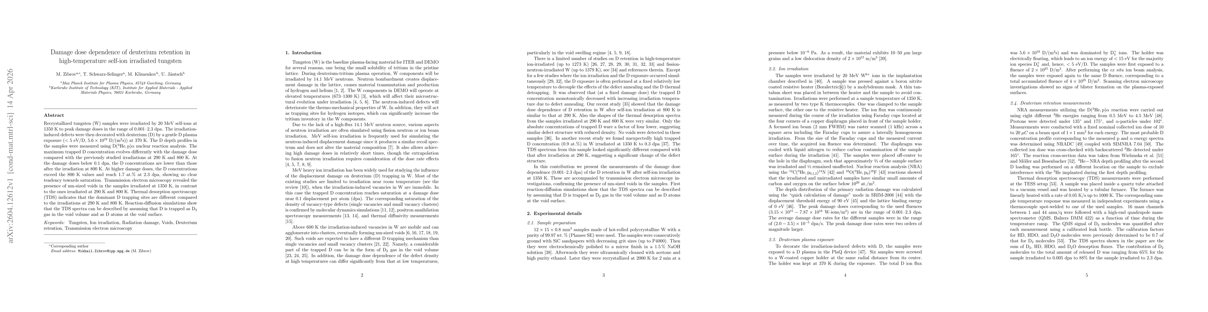 Thumbnail for Damage dose dependence of deuterium retention in high-temperature self-ion irradiated tungsten
