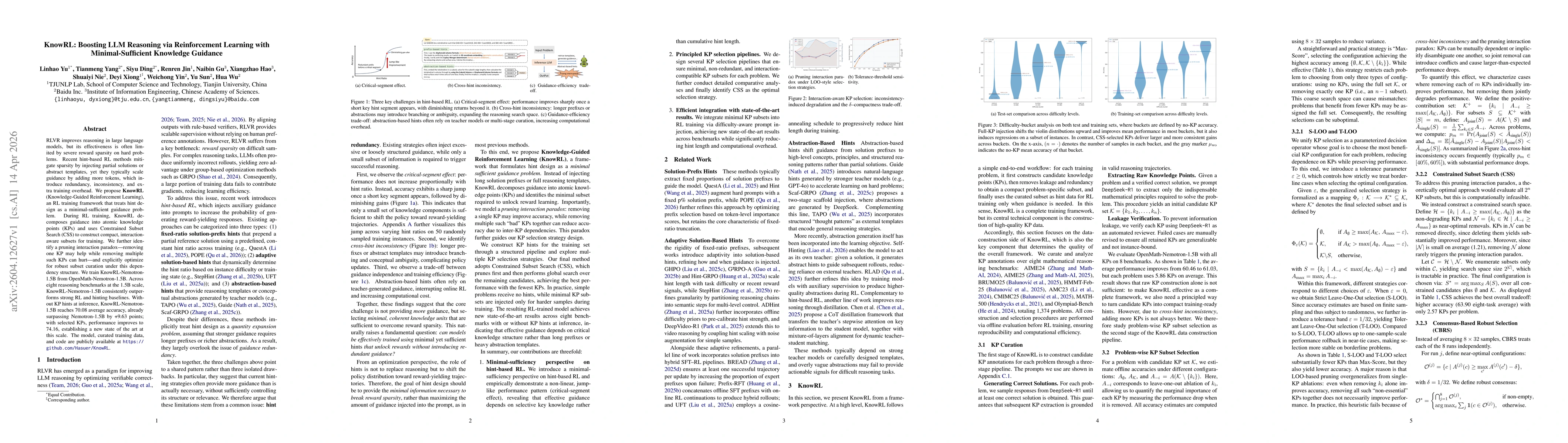 Thumbnail for KnowRL: Boosting LLM Reasoning via Reinforcement Learning with Minimal-Sufficient Knowledge Guidance