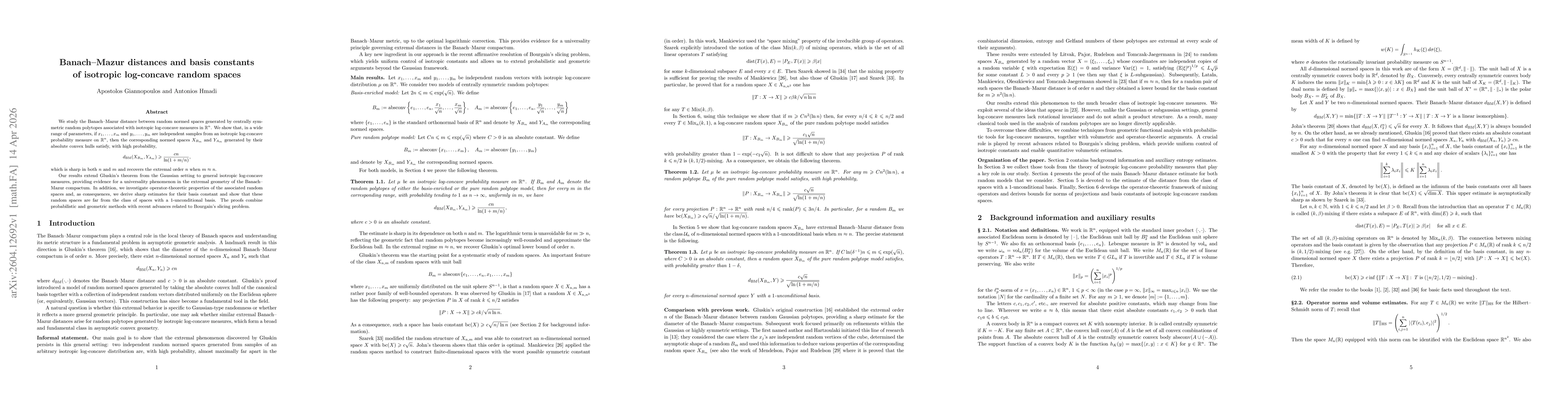 Thumbnail for Banach-Mazur distances and basis constants of isotropic log-concave random spaces