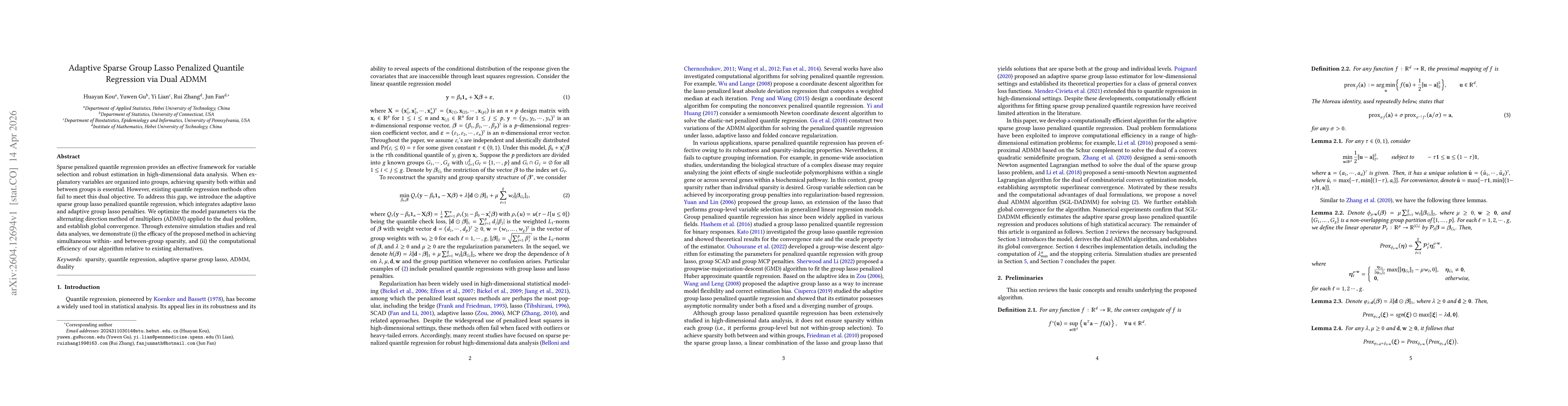 Thumbnail for Adaptive Sparse Group Lasso Penalized Quantile Regression via Dual ADMM