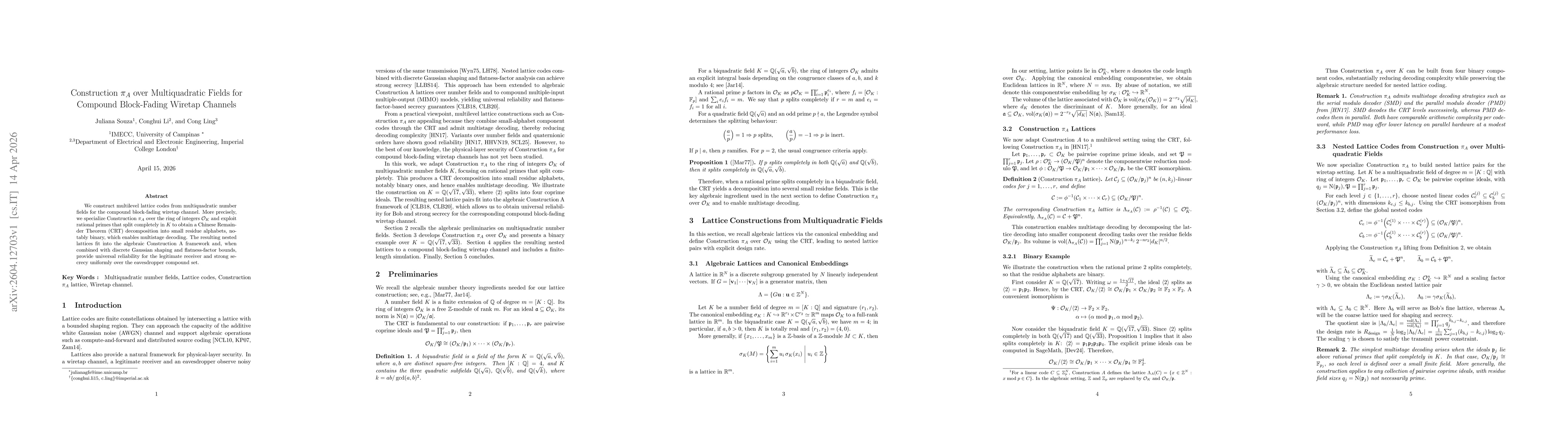 Thumbnail for Construction $π_A$ over Multiquadratic Fields for Compound Block-Fading Wiretap Channels