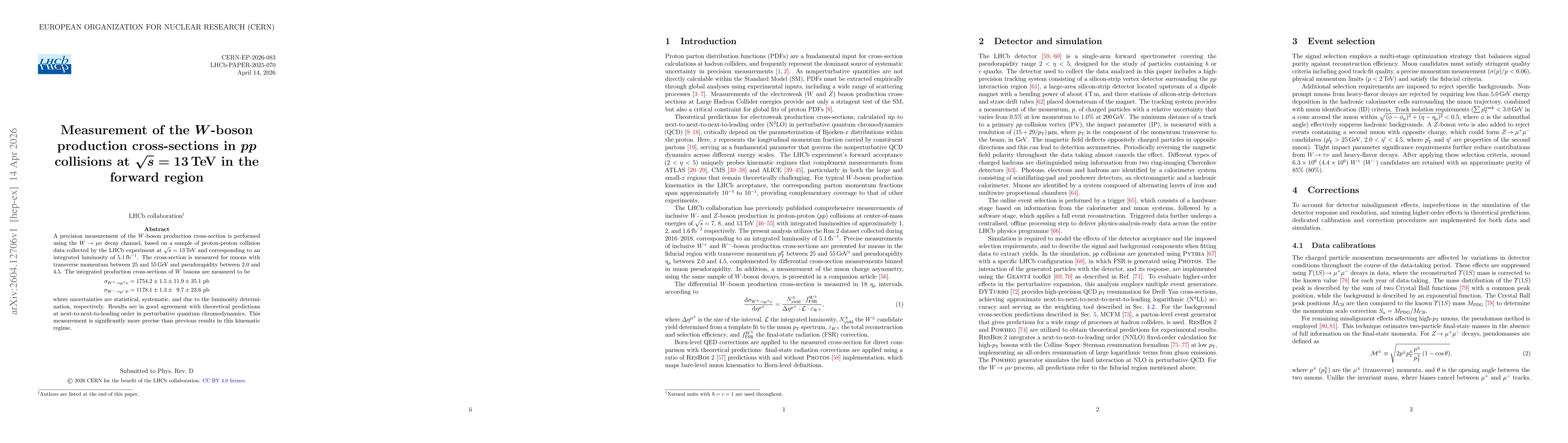 Thumbnail for Measurement of the $W$-boson production cross-sections in $pp$ collisions at $\sqrt{s}$ = 13 TeV in the forward region