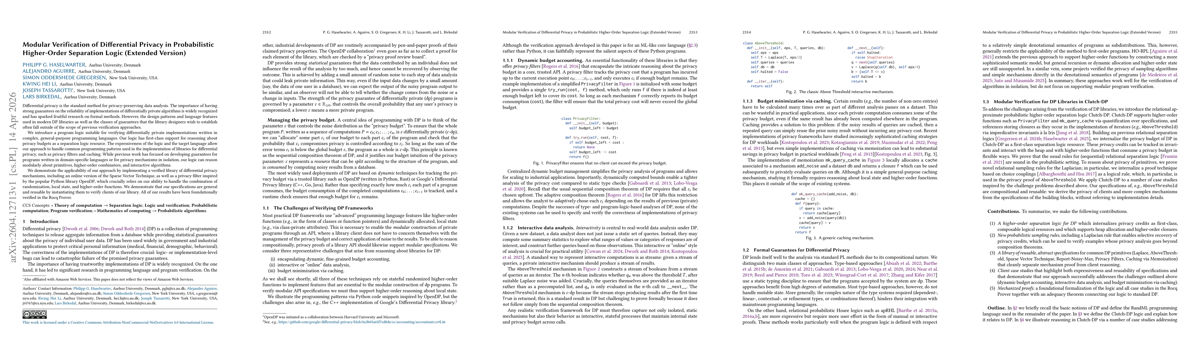 Thumbnail for Modular Verification of Differential Privacy in Probabilistic Higher-Order Separation Logic (Extended Version)
