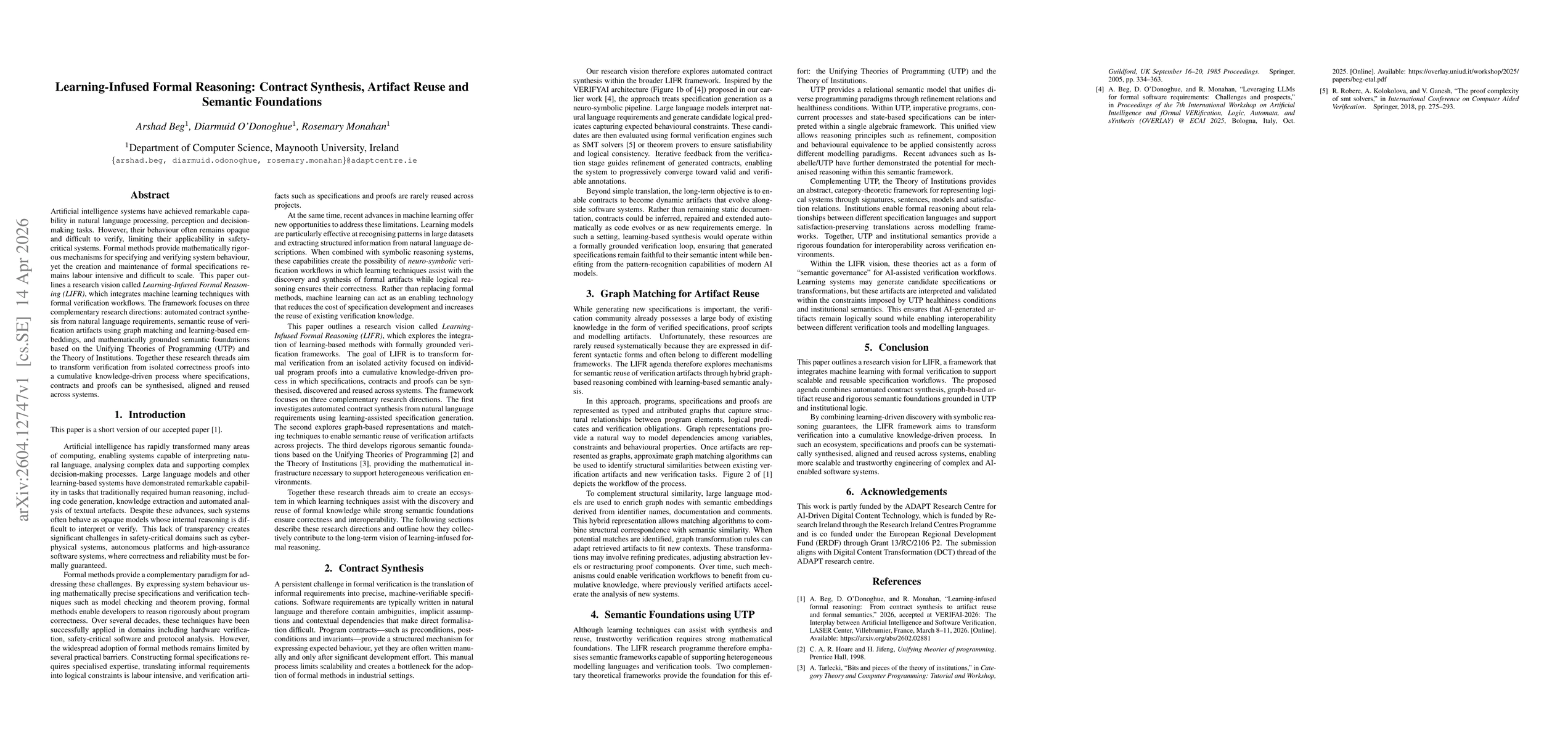 Thumbnail for Short Version of VERIFAI2026 Paper -- Learning Infused Formal Reasoning: Contract Synthesis, Artefact Reuse and Semantic Foundations