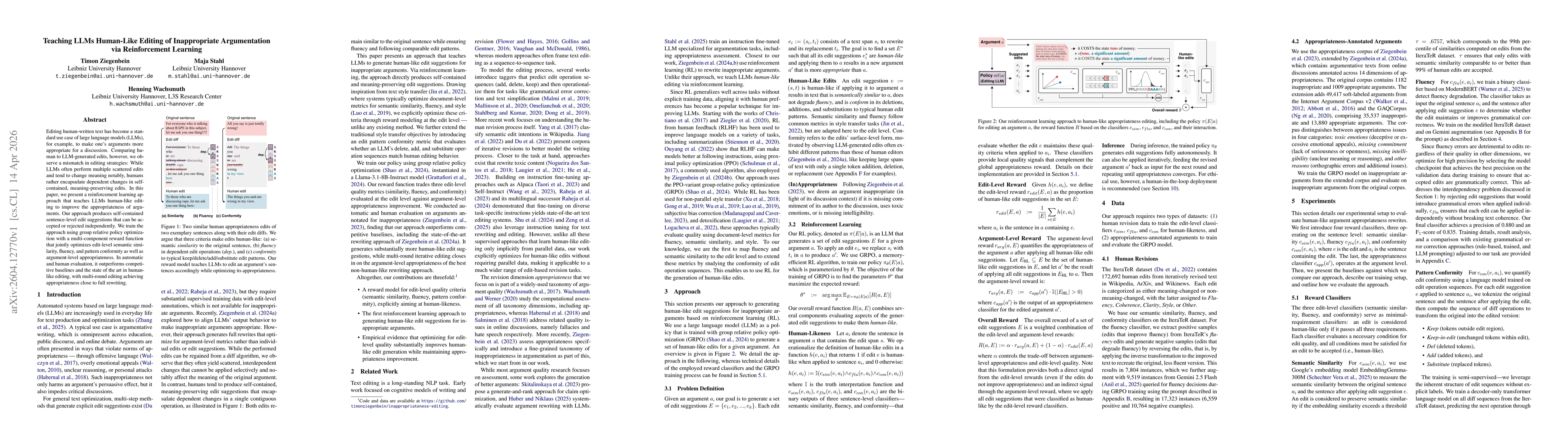 Thumbnail for Teaching LLMs Human-Like Editing of Inappropriate Argumentation via Reinforcement Learning