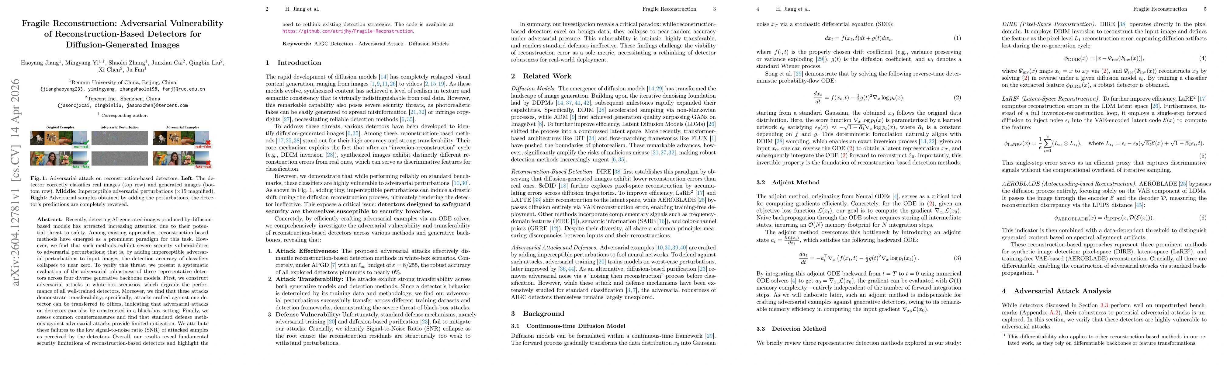 Thumbnail for Fragile Reconstruction: Adversarial Vulnerability of Reconstruction-Based Detectors for Diffusion-Generated Images