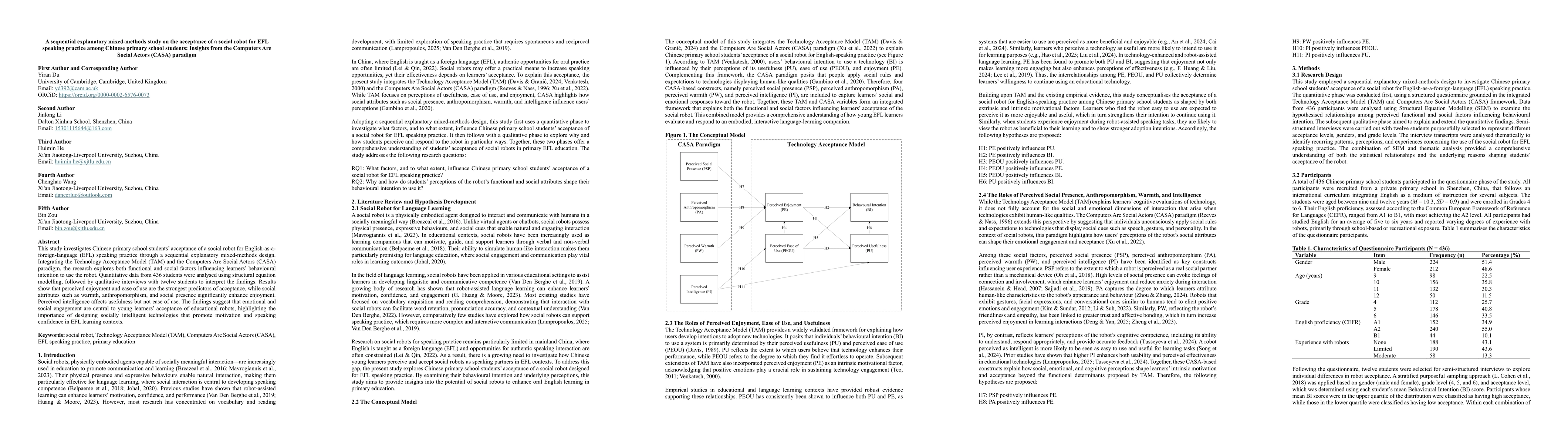 Thumbnail for A sequential explanatory mixed-methods study on the acceptance of a social robot for EFL speaking practice among Chinese primary school students: Insights from the Computers Are Social Actors (CASA) paradigm