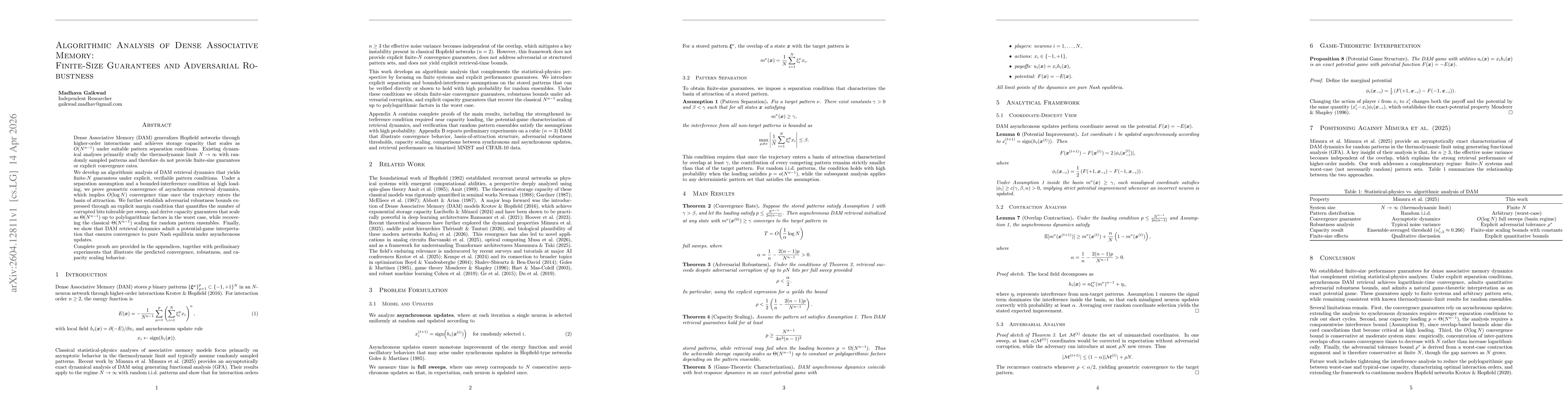 Thumbnail for Algorithmic Analysis of Dense Associative Memory: Finite-Size Guarantees and Adversarial Robustness
