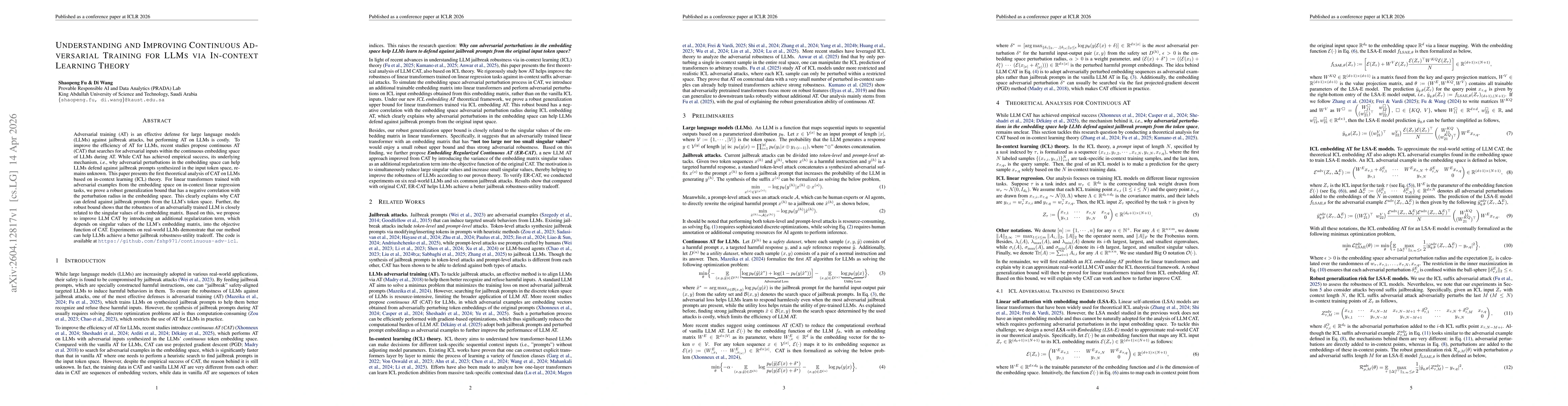 Thumbnail for Understanding and Improving Continuous Adversarial Training for LLMs via In-context Learning Theory