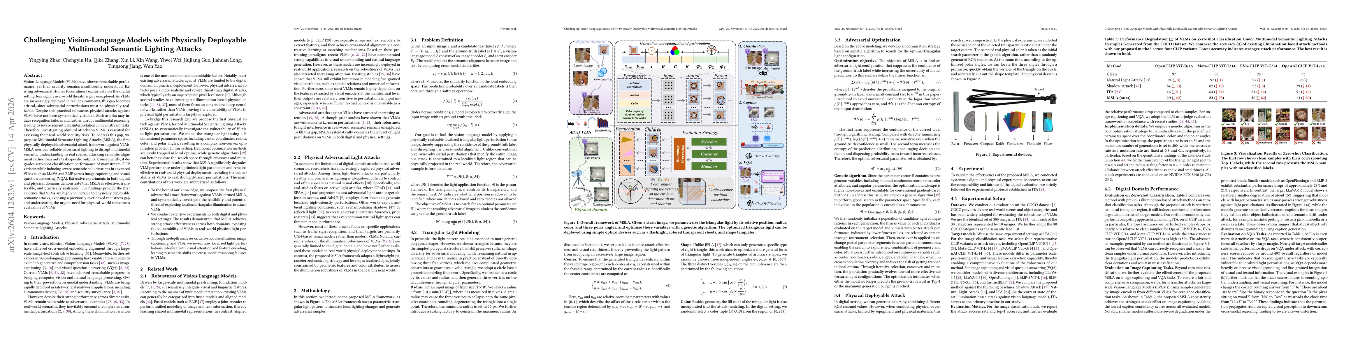 Thumbnail for Challenging Vision-Language Models with Physically Deployable Multimodal Semantic Lighting Attacks