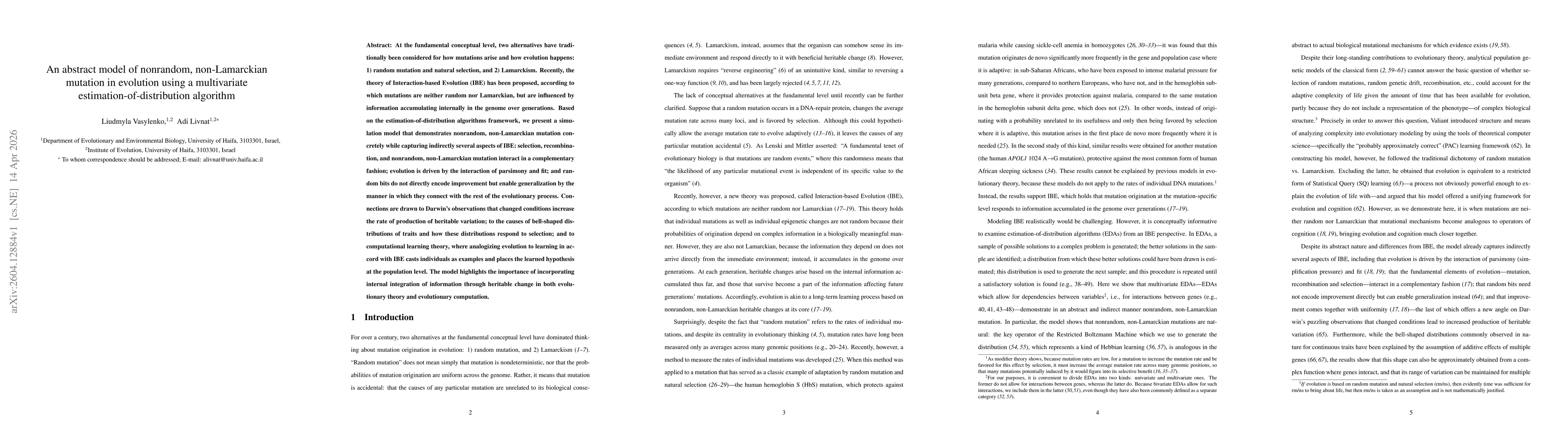 Thumbnail for An abstract model of nonrandom, non-Lamarckian mutation in evolution using a multivariate estimation-of-distribution algorithm