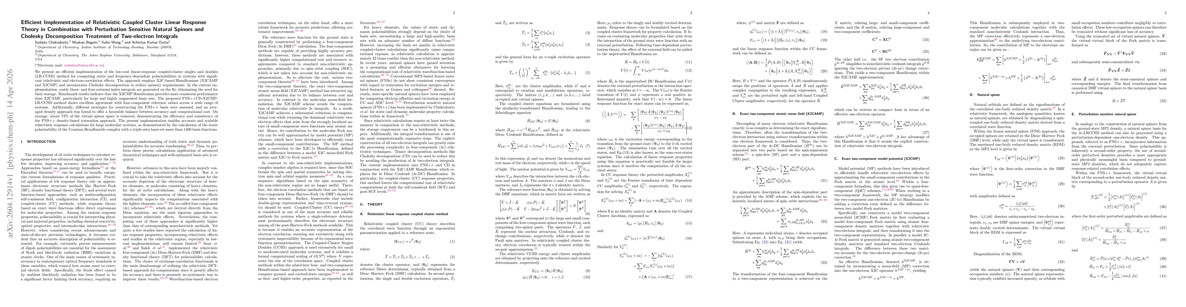 Thumbnail for Efficient Implementation of Relativistic Coupled Cluster Linear Response Theory in Combination with Perturbation Sensitive Natural Spinors and Cholesky Decomposition Treatment of Two-electron Integrals