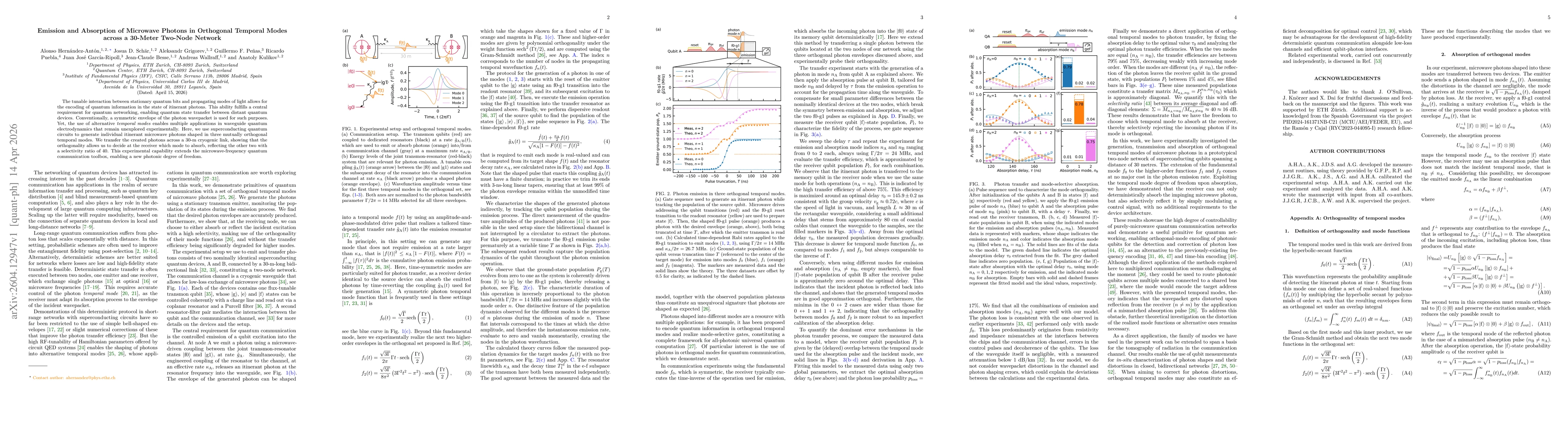 Thumbnail for Emission and Absorption of Microwave Photons in Orthogonal Temporal Modes across a 30-Meter Two-Node Network