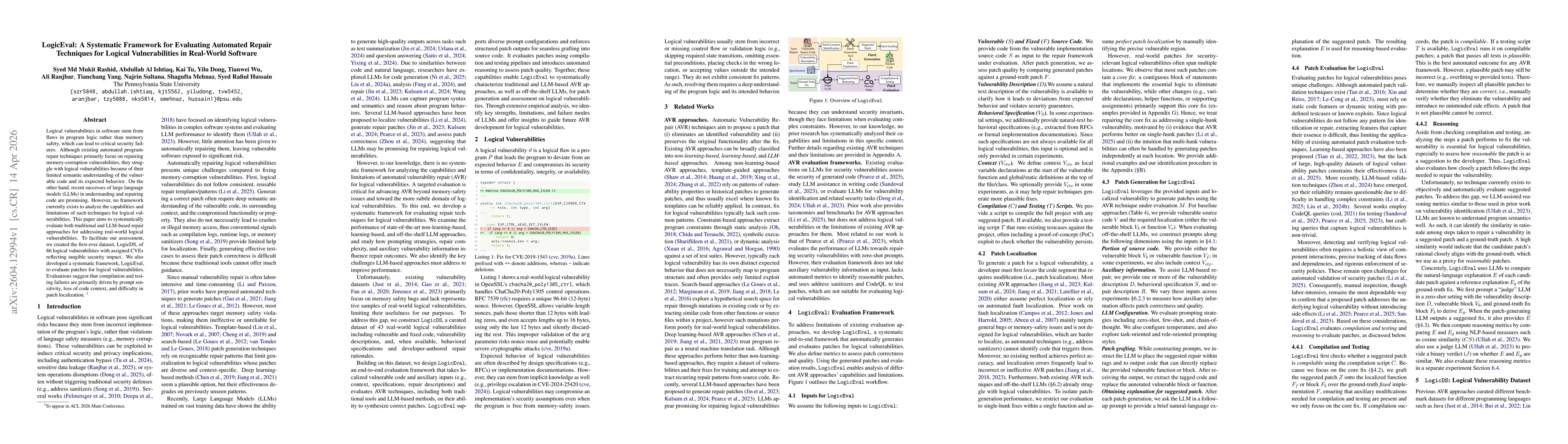 Thumbnail for LogicEval: A Systematic Framework for Evaluating Automated Repair Techniques for Logical Vulnerabilities in Real-World Software