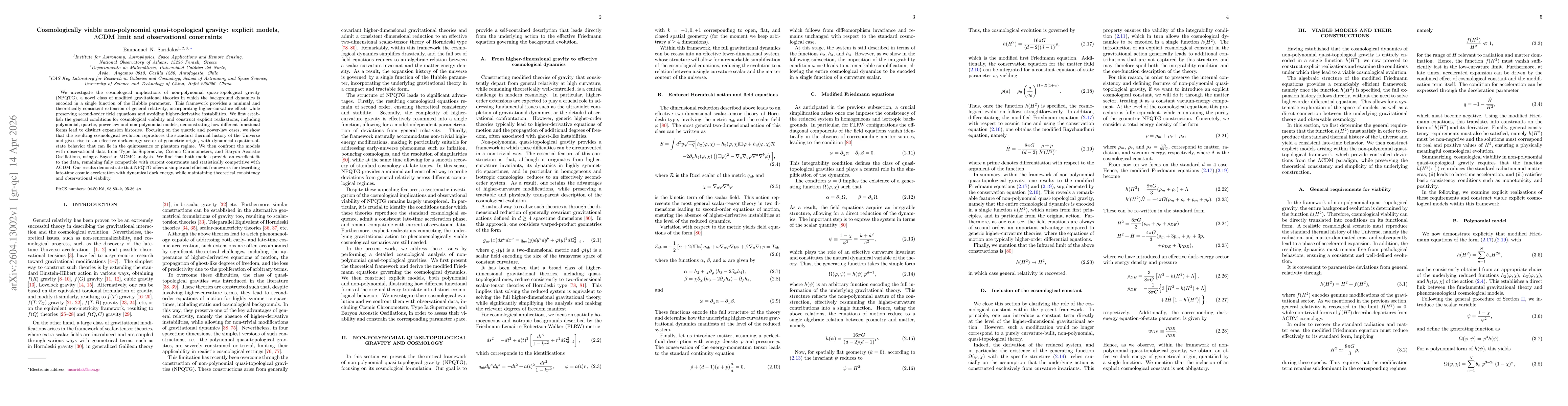 Thumbnail for Cosmologically viable non-polynomial quasi-topological gravity: explicit models, $Λ$CDM limit and observational constraints