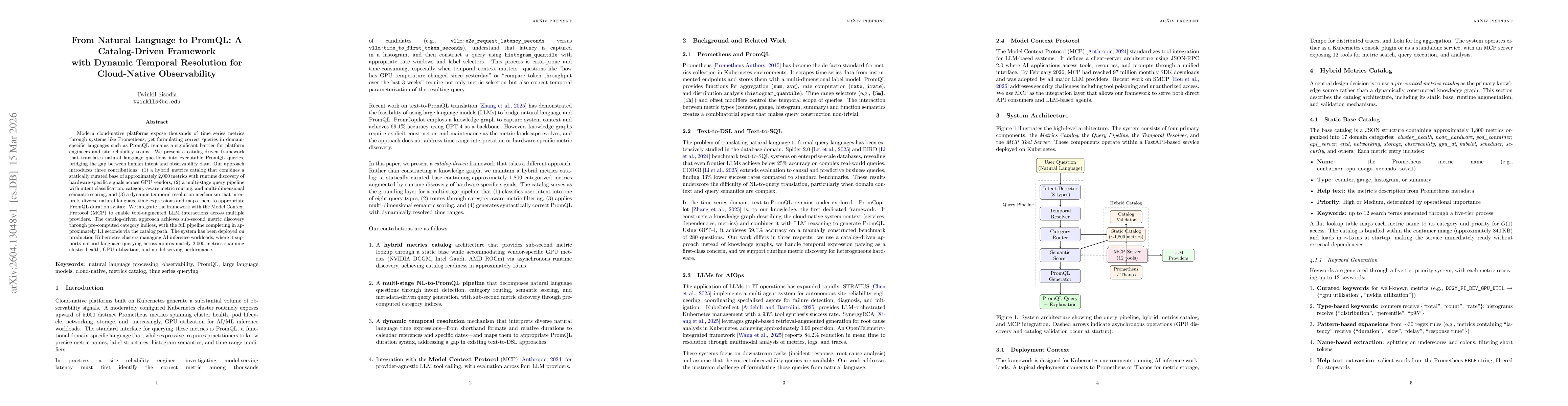Thumbnail for From Natural Language to PromQL: A Catalog-Driven Framework with Dynamic Temporal Resolution for Cloud-Native Observability