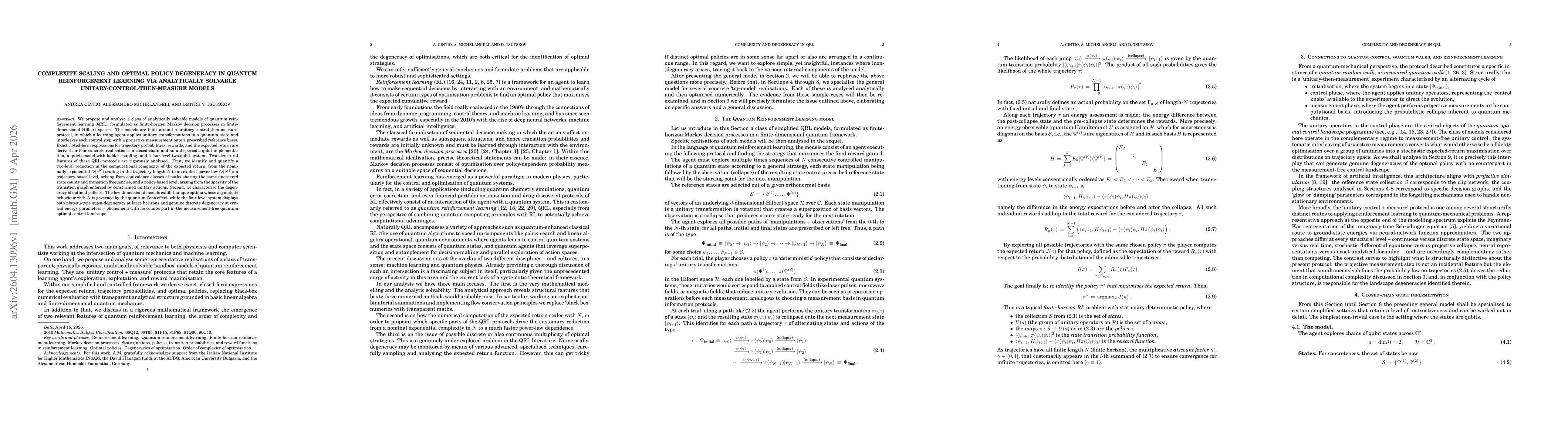 Thumbnail for Complexity scaling and optimal policy degeneracy in quantum reinforcement learning via analytically solvable unitary-control-then-measure models