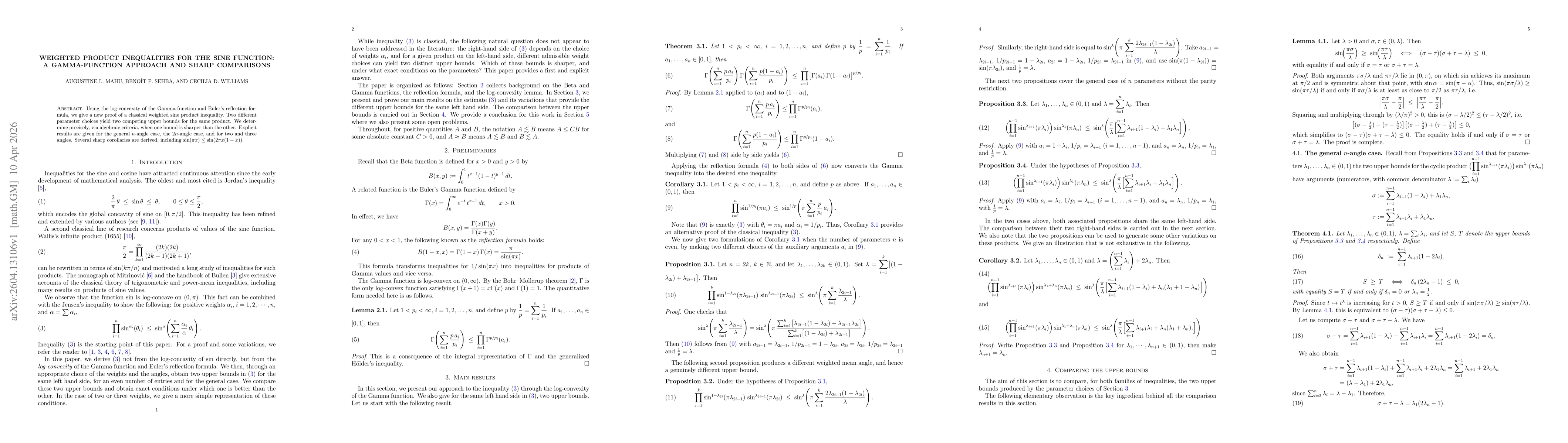 Thumbnail for Weighted Product Inequalities for the Sine Function: A Gamma-Function Approach and Sharp Comparisons