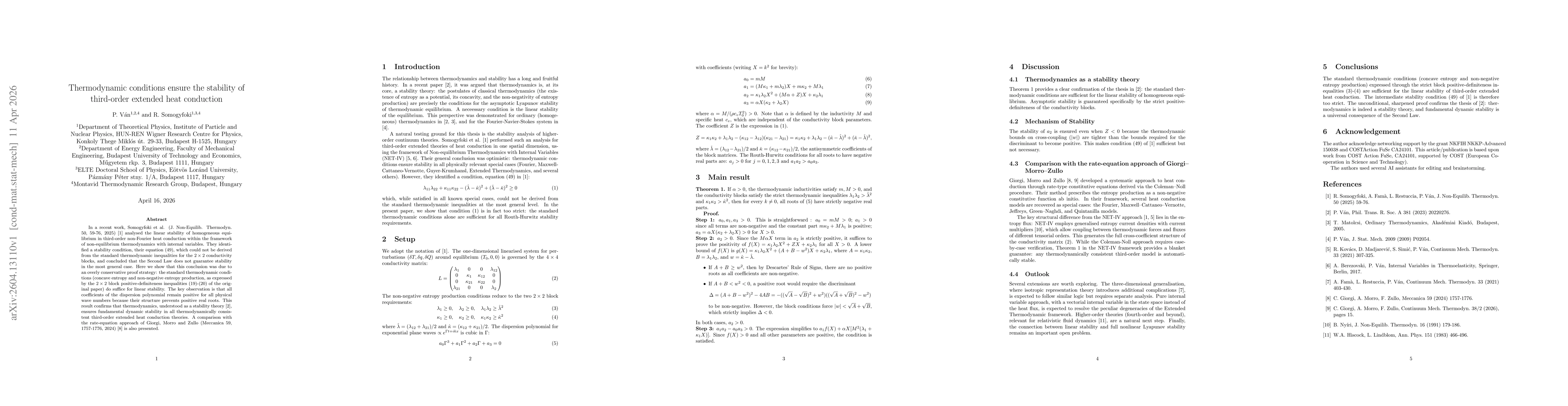 Thumbnail for Thermodynamic conditions ensure the stability of third-order extended heat conduction