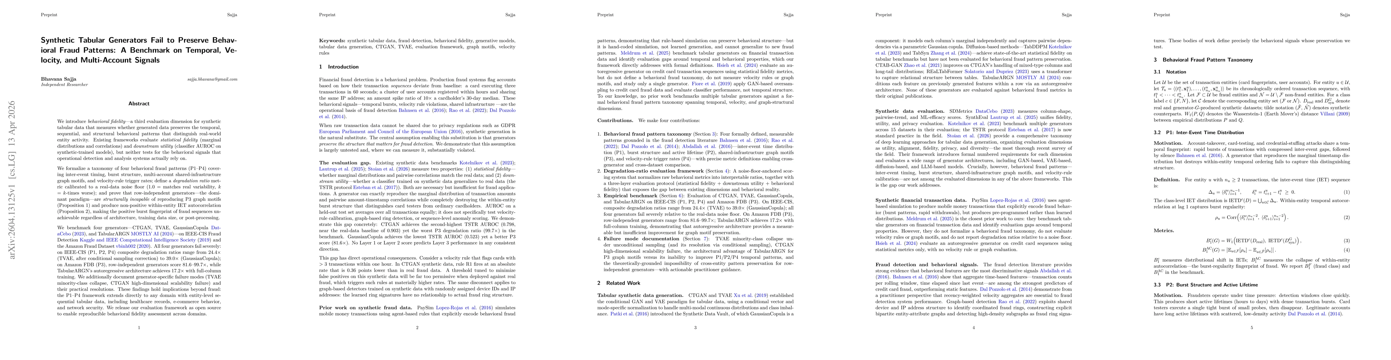 Thumbnail for Synthetic Tabular Generators Fail to Preserve Behavioral Fraud Patterns: A Benchmark on Temporal, Velocity, and Multi-Account Signals
