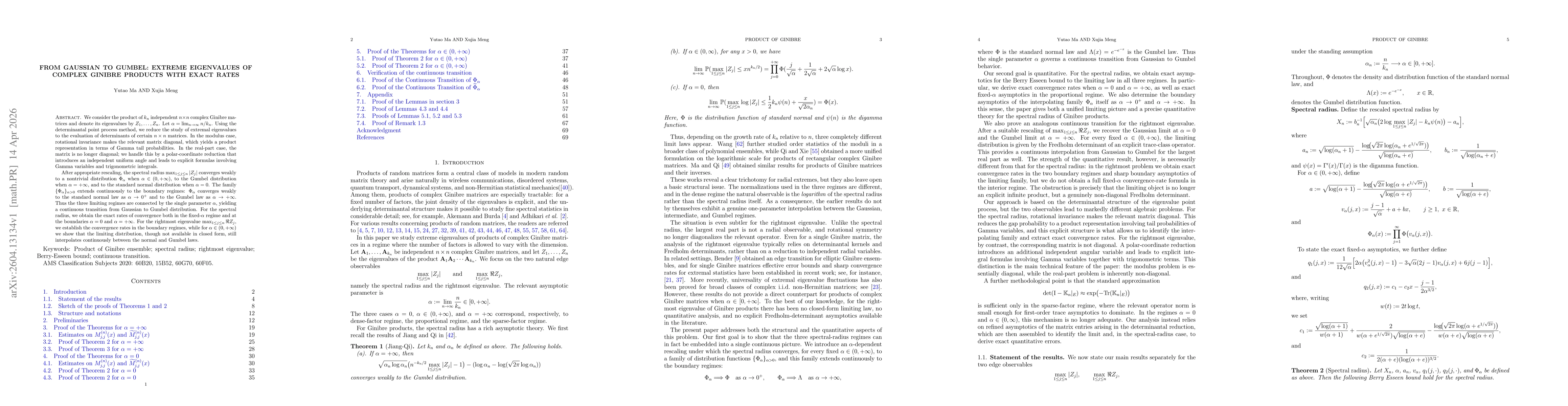 Thumbnail for From Gaussian to Gumbel: extreme eigenvalues of complex Ginibre products with exact rates