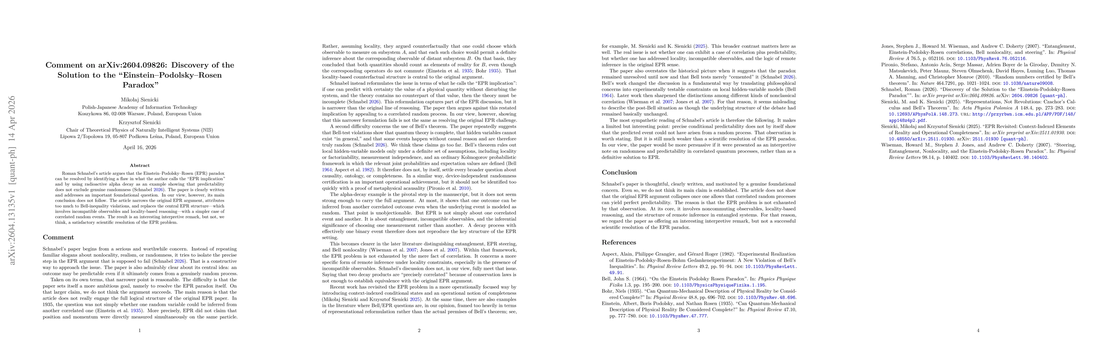 Thumbnail for Comment on arXiv:2604.09826: Discovery of the Solution to the "Einstein--Podolsky--Rosen Paradox"