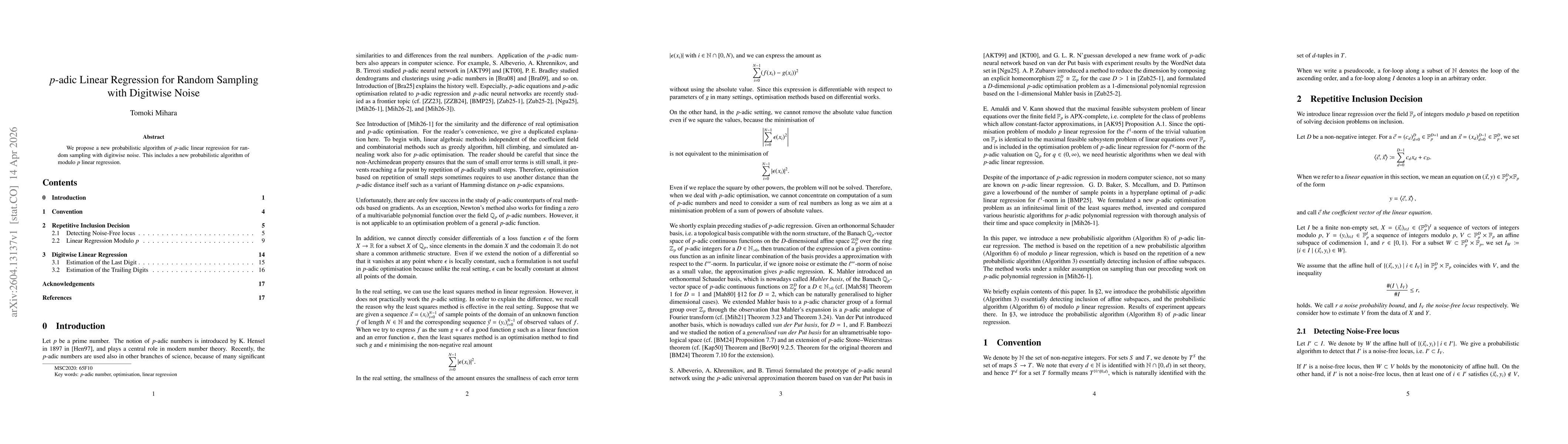 Thumbnail for $p$-adic Linear Regression for Random Sampling with Digitwise Noise