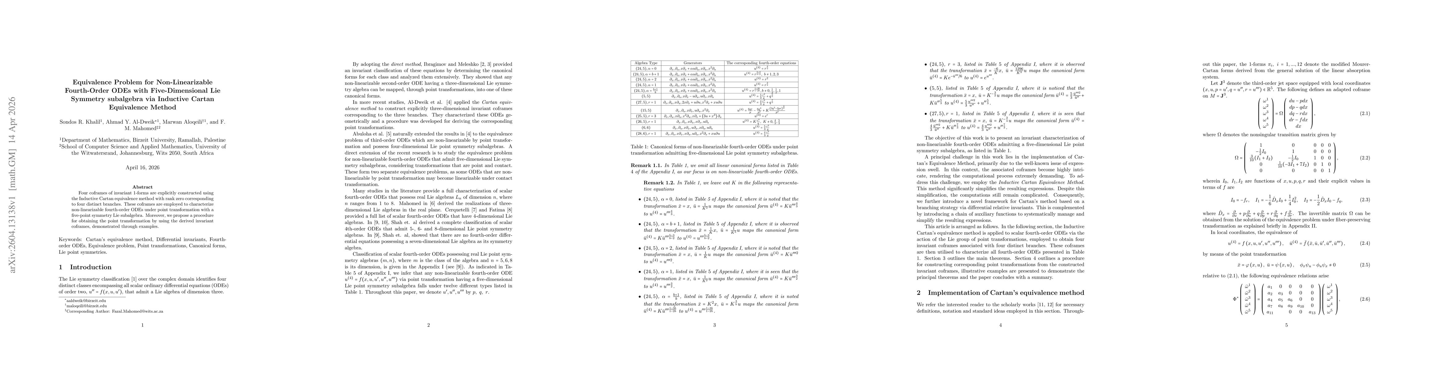 Thumbnail for Equivalence Problem for Non-Linearizable Fourth-Order ODEs with Five-Dimensional Lie Symmetry subalgebra via Inductive Cartan Equivalence Method