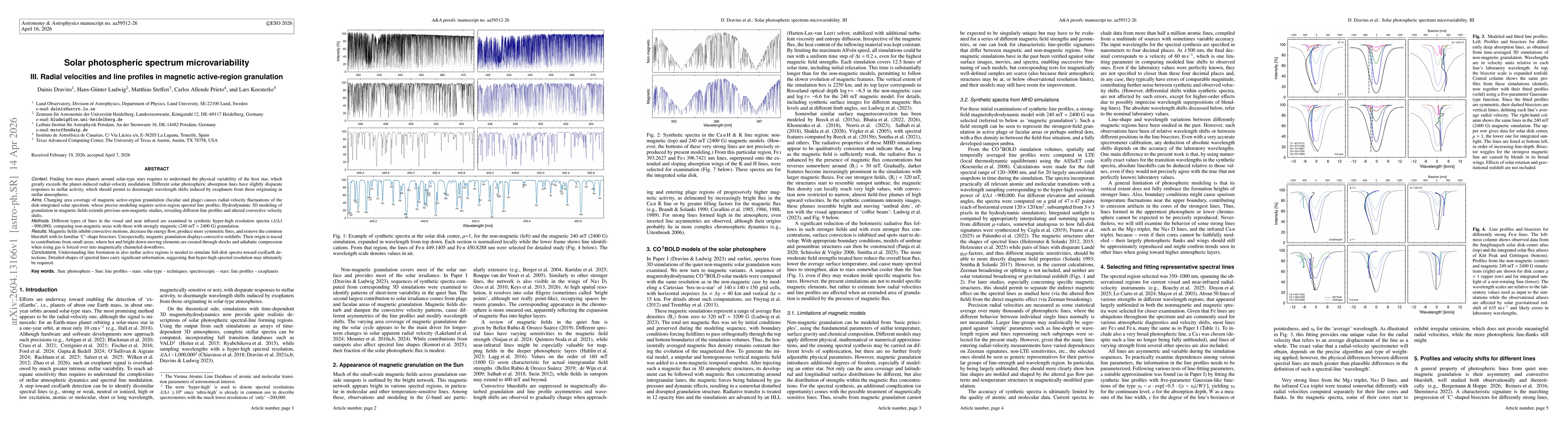 Thumbnail for Solar photospheric spectrum microvariability III. Radial velocities and line profiles in magnetic active-region granulation