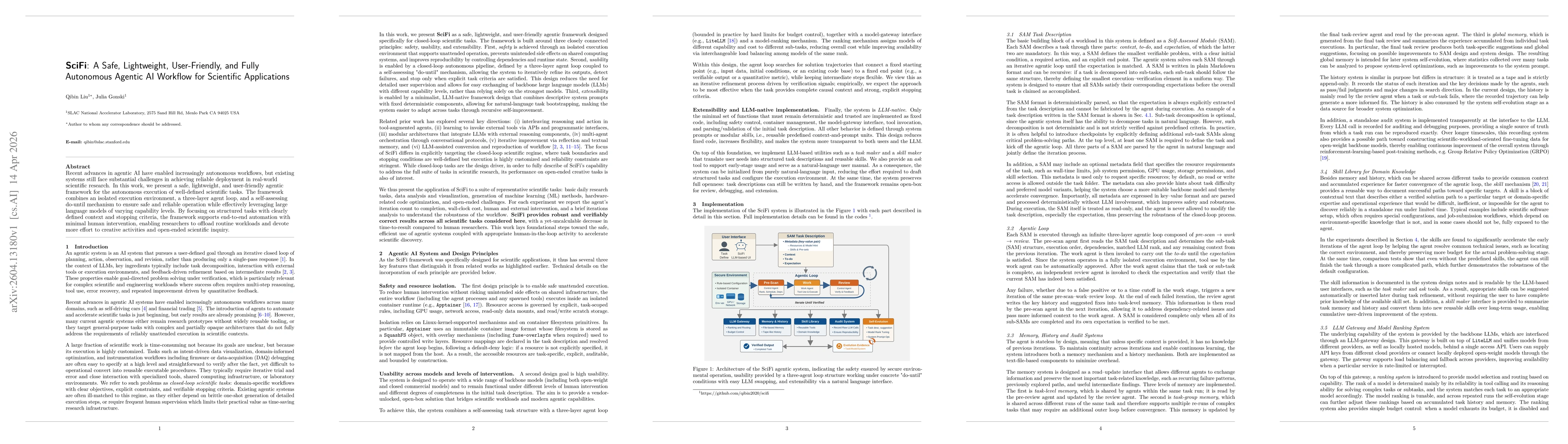 Thumbnail for SciFi: A Safe, Lightweight, User-Friendly, and Fully Autonomous Agentic AI Workflow for Scientific Applications