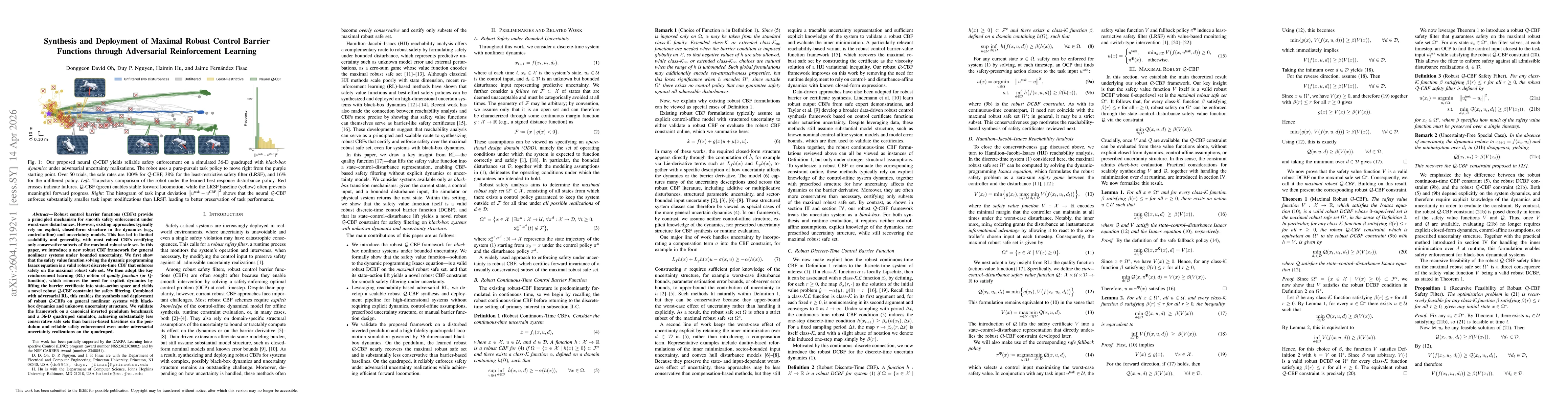 Thumbnail for Synthesis and Deployment of Maximal Robust Control Barrier Functions through Adversarial Reinforcement Learning