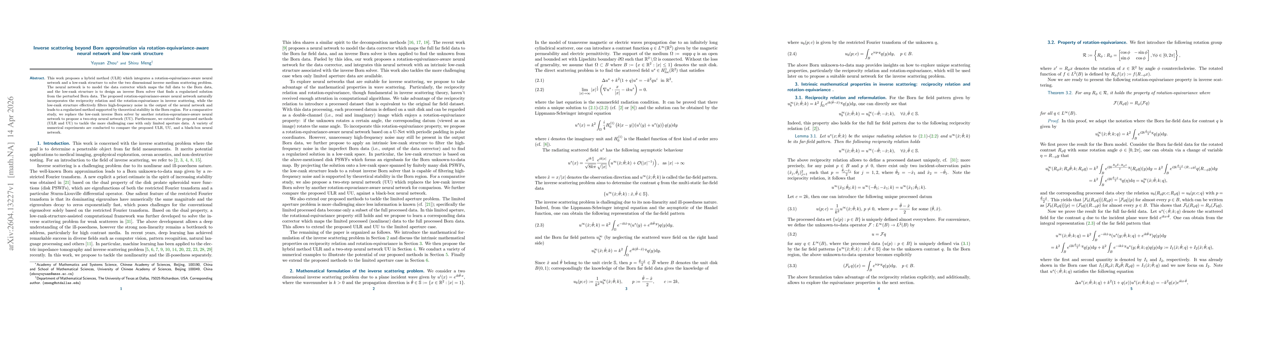 Thumbnail for Inverse scattering beyond Born approximation via rotation-equivariance-aware neural network and low-rank structure