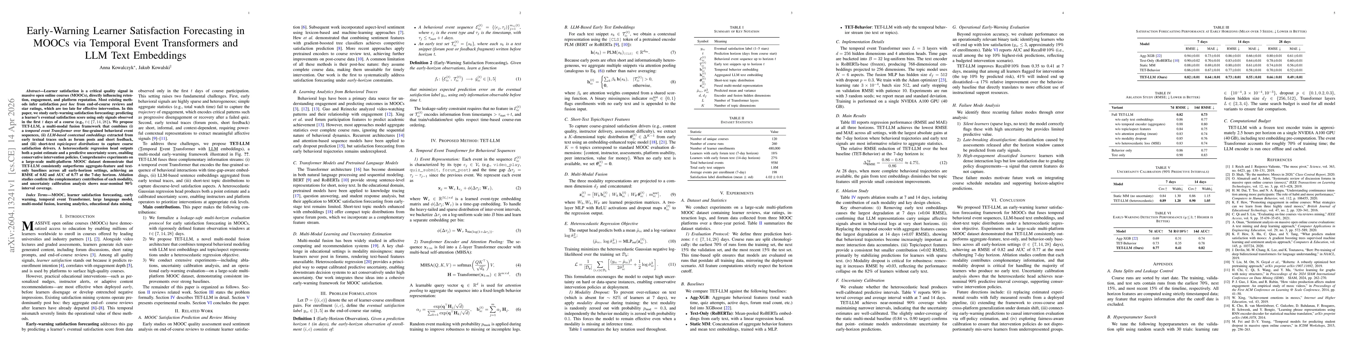 Thumbnail for Early-Warning Learner Satisfaction Forecasting in MOOCs via Temporal Event Transformers and LLM Text Embeddings