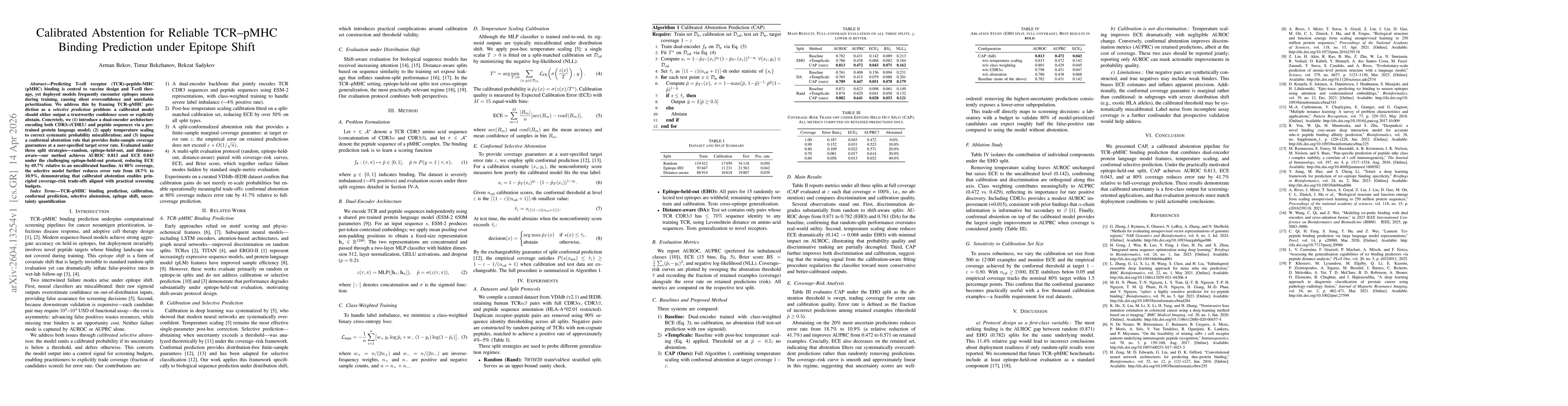 Thumbnail for Calibrated Abstention for Reliable TCR--pMHC Binding Prediction under Epitope Shift