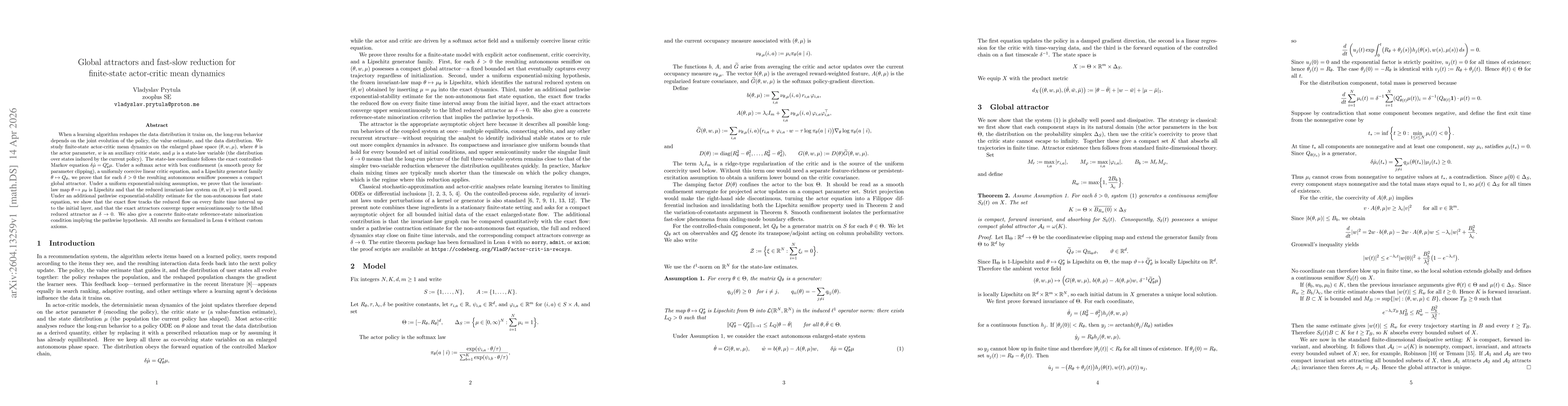Thumbnail for Global attractors and fast-slow reduction for finite-state actor-critic mean dynamics