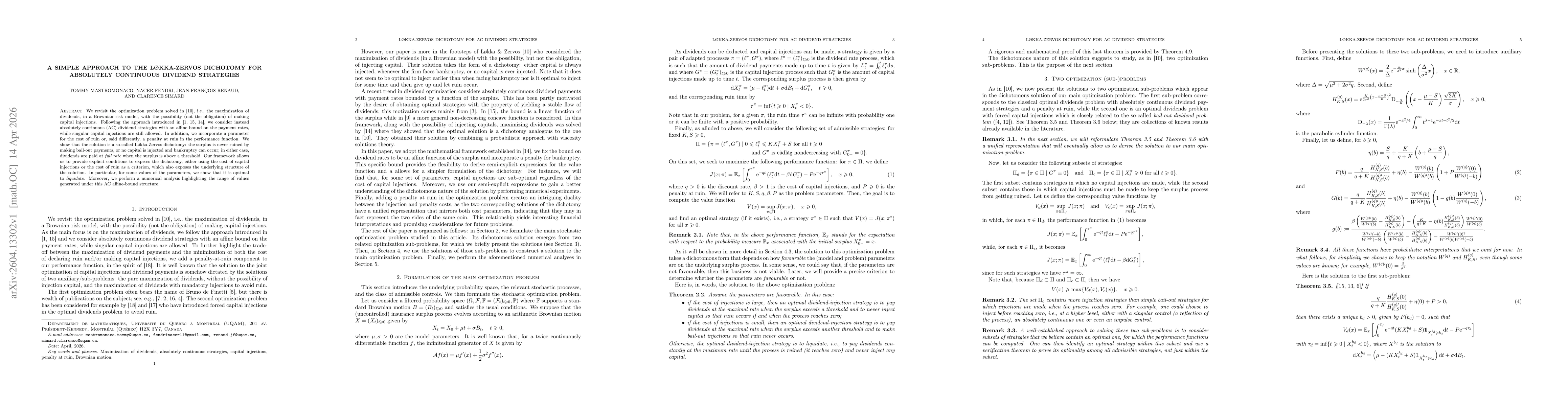 Thumbnail for A simple approach to the Løkka-Zervos dichotomy for absolutely continuous dividend strategies
