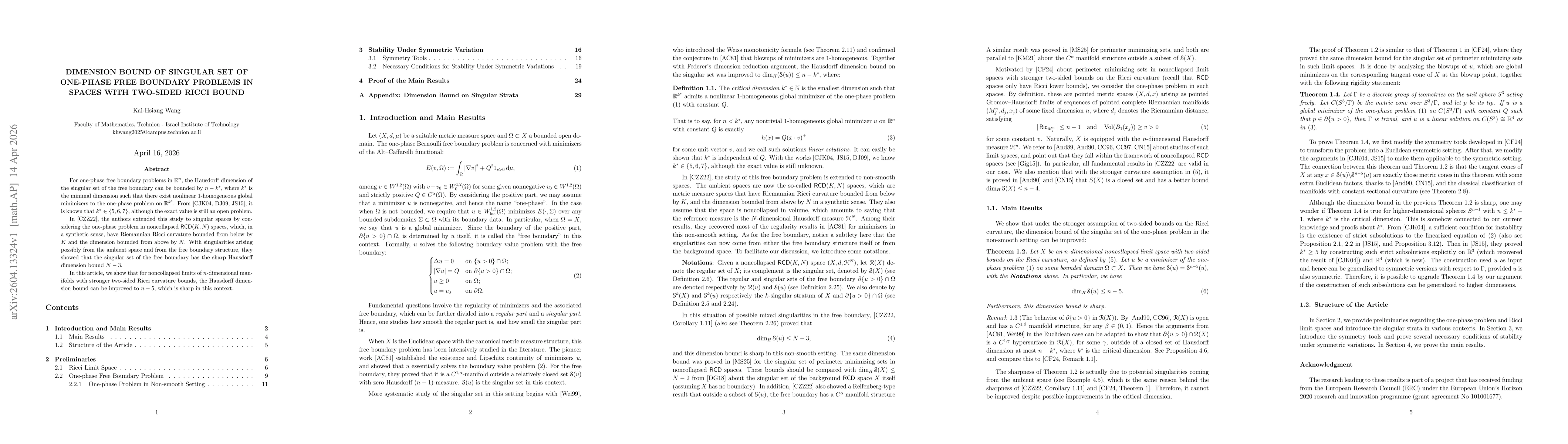Thumbnail for Dimension Bound of Singular Set of One-Phase Free Boundary Problems in Spaces with Two-Sided Ricci Bound